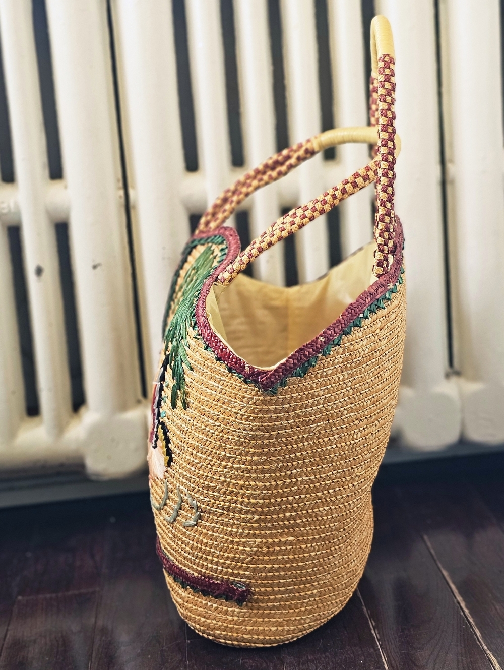 Vintage 1970s Embroidered Straw Tote Bag Beach Bag Bird & Willow Tree - Picture 8 of 14